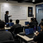 Students learning programming in a coding classroom with laptops while an instructor explains code on a whiteboard during a hands-on training session in Delhi NCR.