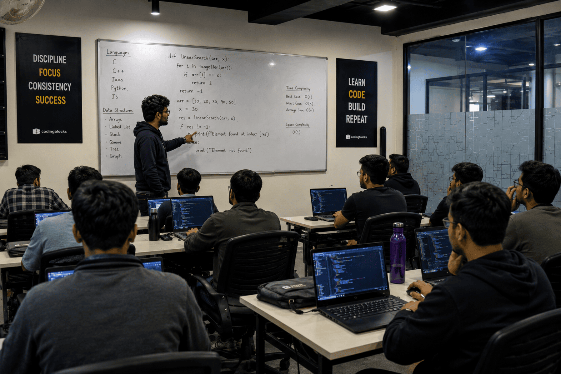 Students learning programming in a coding classroom with laptops while an instructor explains code on a whiteboard during a hands-on training session in Delhi NCR.