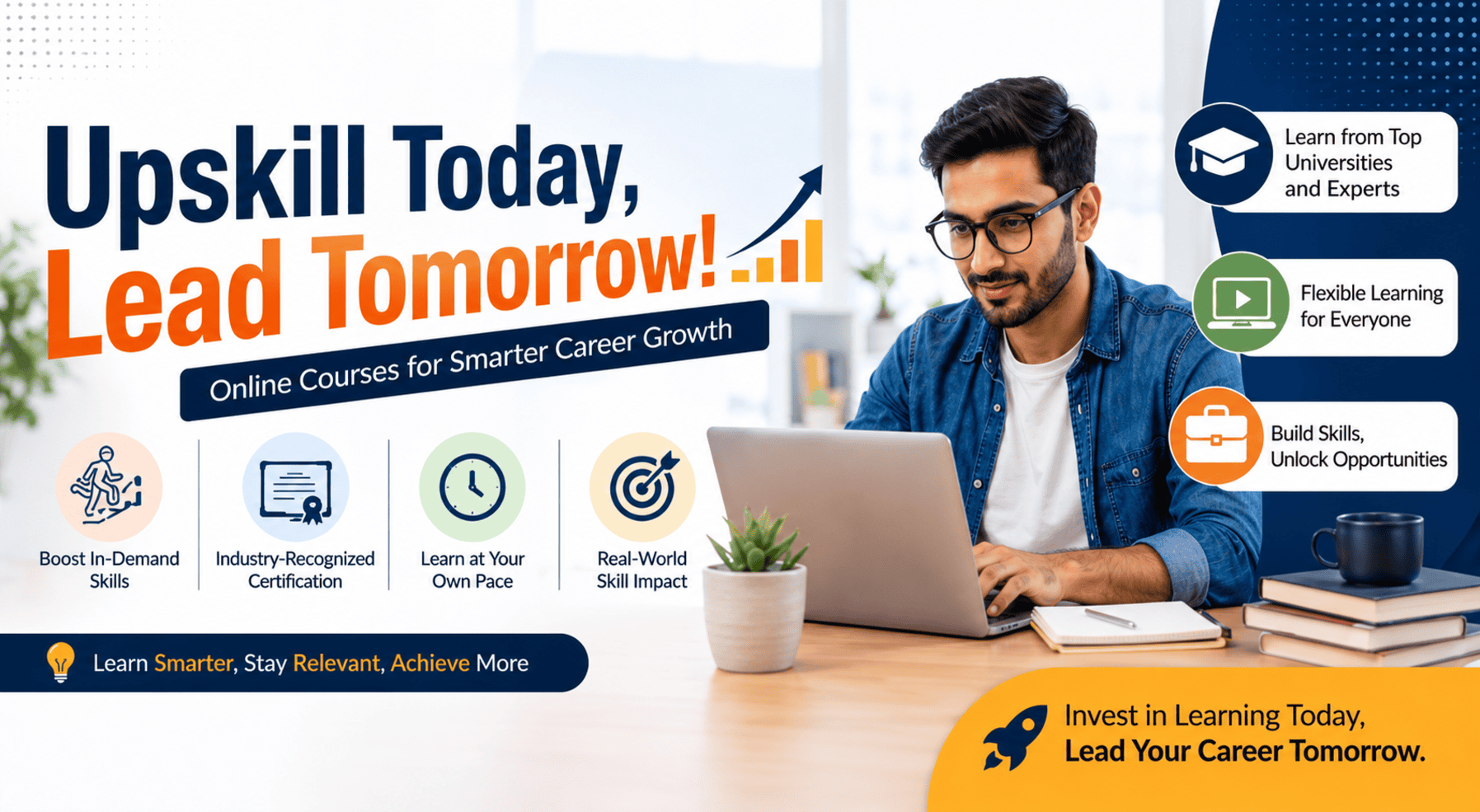 A professional working on a laptop beside a bold headline reading "Upskill Today, Lead Tomorrow!" with icons highlighting industry-recognized certificates, flexible learning, real projects, and career growth through online courses.