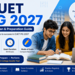 CUET PG 2027 study plan and exam preparation guide with Indian postgraduate students studying and exam icons.