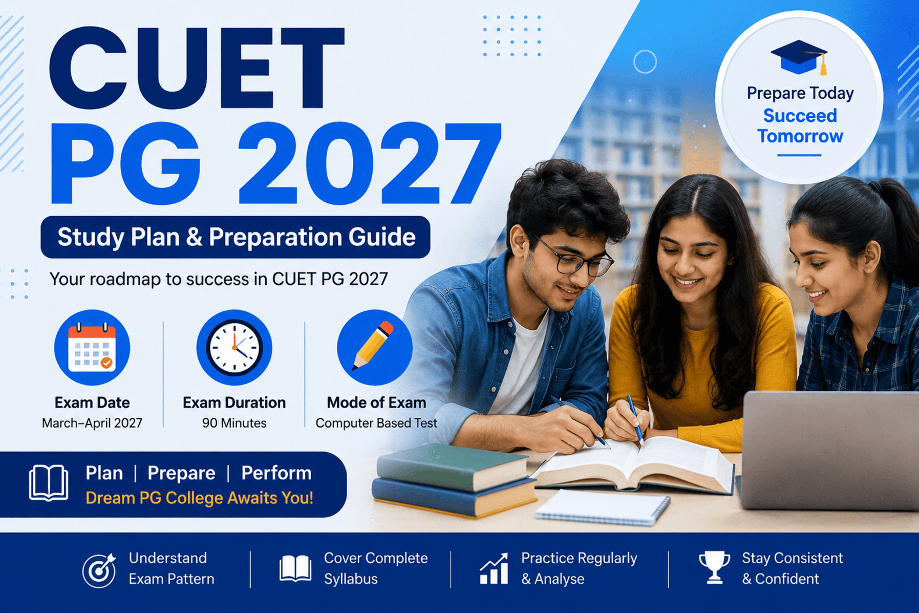 CUET PG 2027 study plan and exam preparation guide with Indian postgraduate students studying and exam icons.