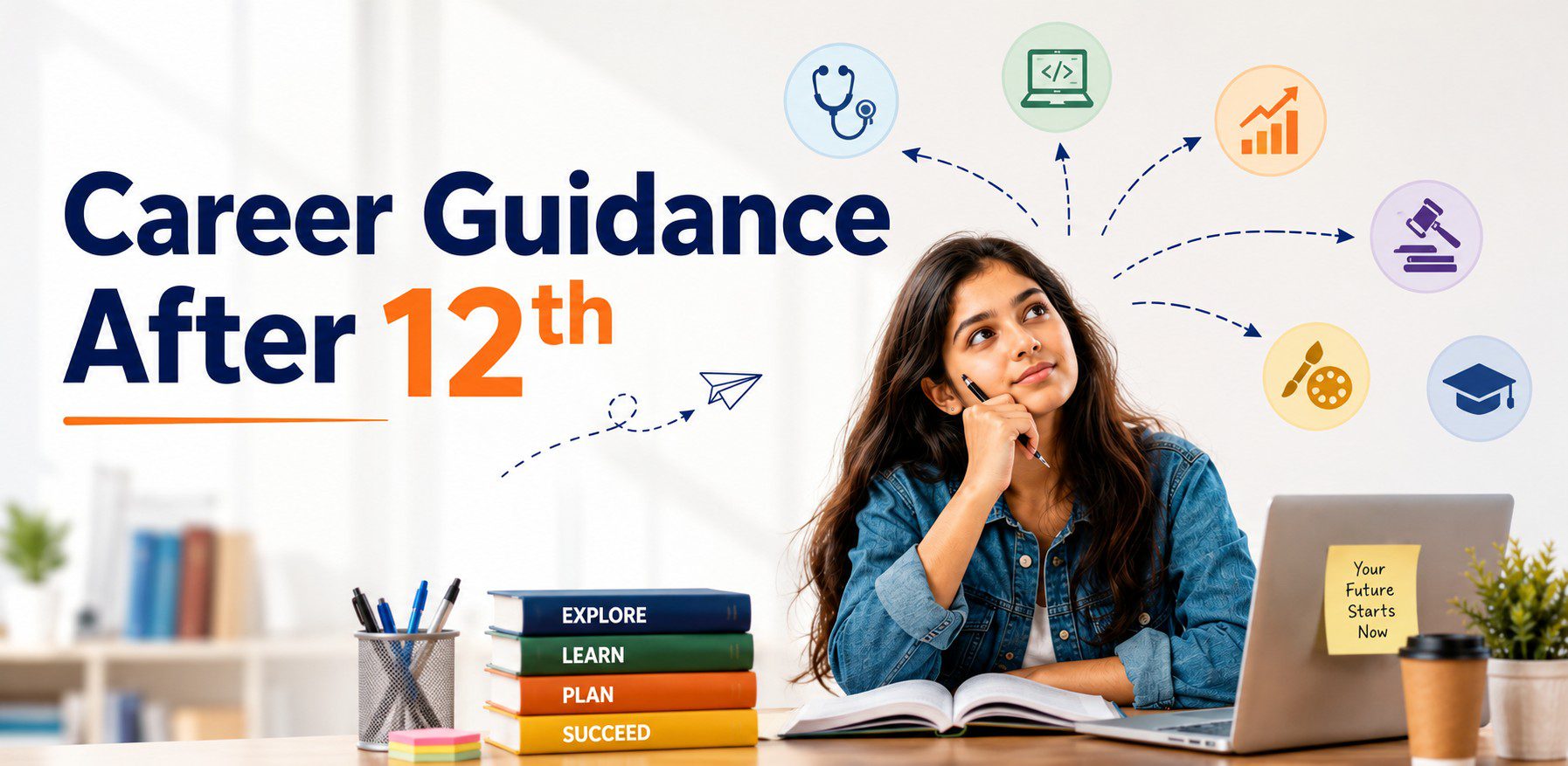 Student standing at a crossroads choosing the best career after 12th with career options for Science, Commerce, and Arts, highlighting career counselling and informed decision-making.