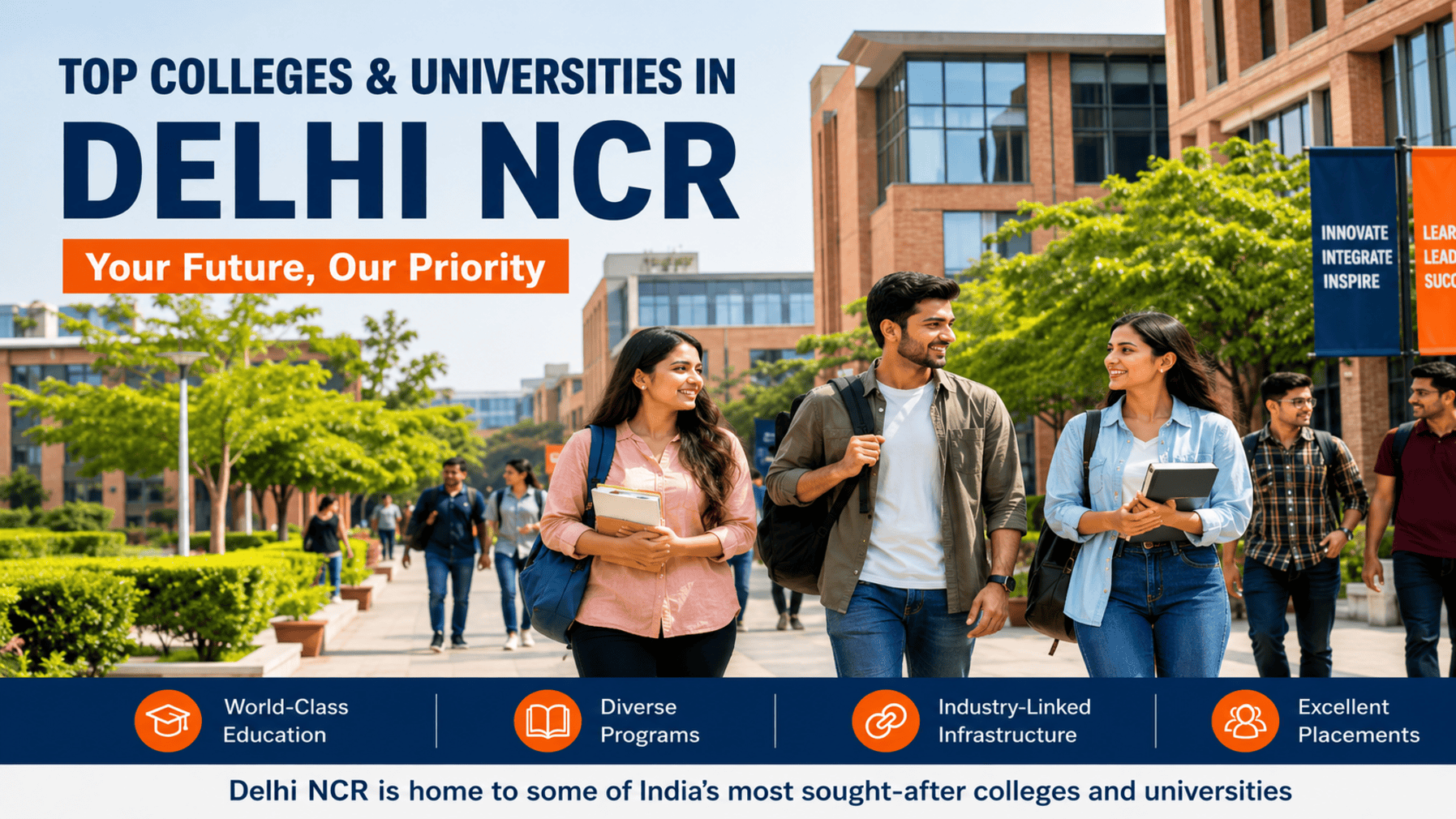 Students walking on a college campus in Delhi NCR