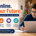 A young professional studying on a laptop at home with the headline "Learn Online. Build Your Future." The banner highlights flexible online learning, industry-recognised certificates, in-demand skills, affordable education, and practical career-focused courses.