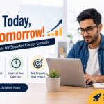 A professional working on a laptop beside a bold headline reading "Upskill Today, Lead Tomorrow!" with icons highlighting industry-recognized certificates, flexible learning, real projects, and career growth through online courses.