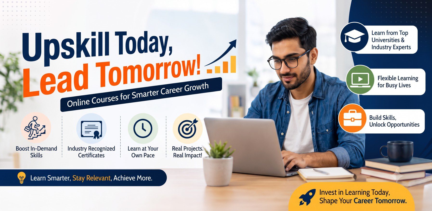 A professional working on a laptop beside a bold headline reading "Upskill Today, Lead Tomorrow!" with icons highlighting industry-recognized certificates, flexible learning, real projects, and career growth through online courses.