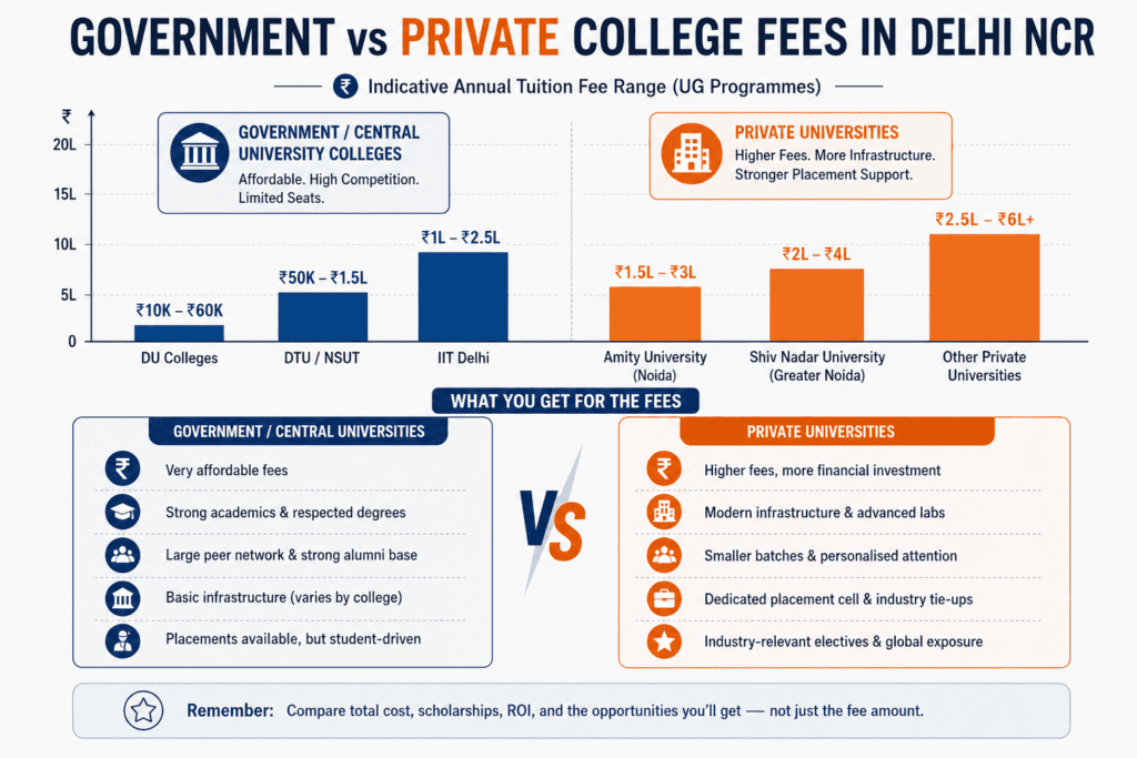 Comparison graphic of government versus private college fees in Delhi NCR
