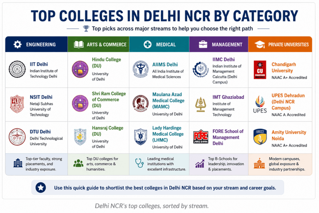 Table comparing top colleges in Delhi NCR by engineering, medical, commerce, and management streams